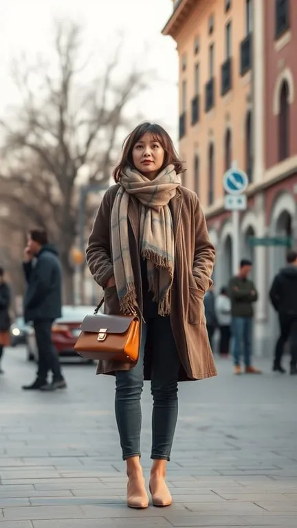 A woman in a brown coat and scarf, standing on a city street.