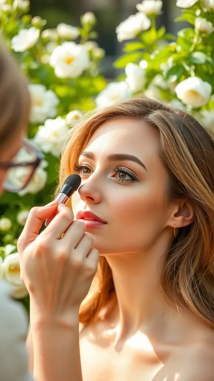 A woman receiving makeup application in a garden filled with white roses, showcasing a fresh dewy skin finish.