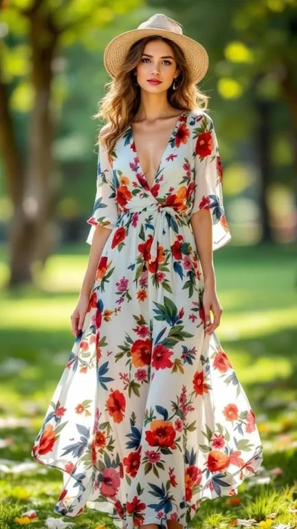 A woman wearing a floral maxi dress and a straw hat in a sunny park.