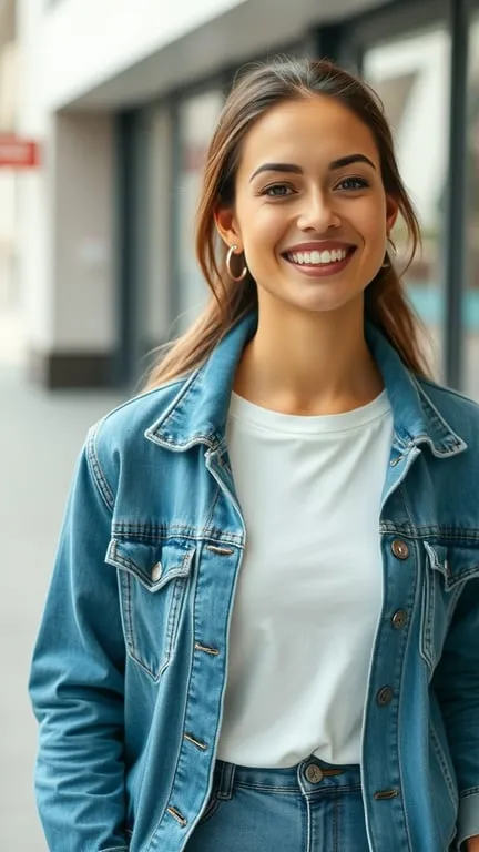 A woman smiling while wearing a white t-shirt and denim jacket
