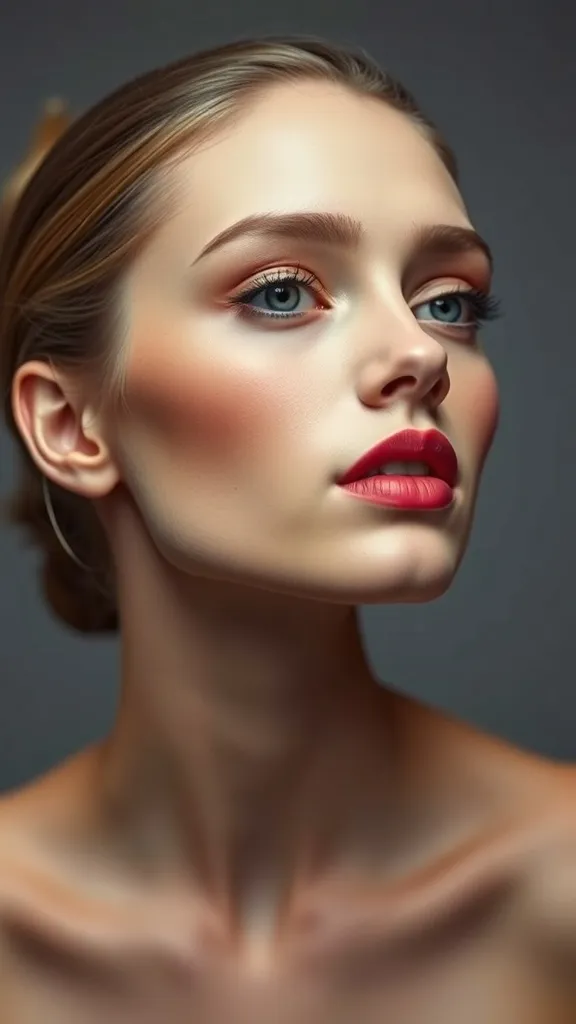 A close-up of a model showcasing sculpted blush makeup with bold red lips.