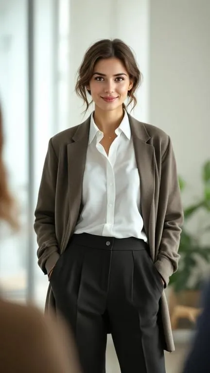 A woman in a cardigan and dress pants, smiling confidently in a professional setting.