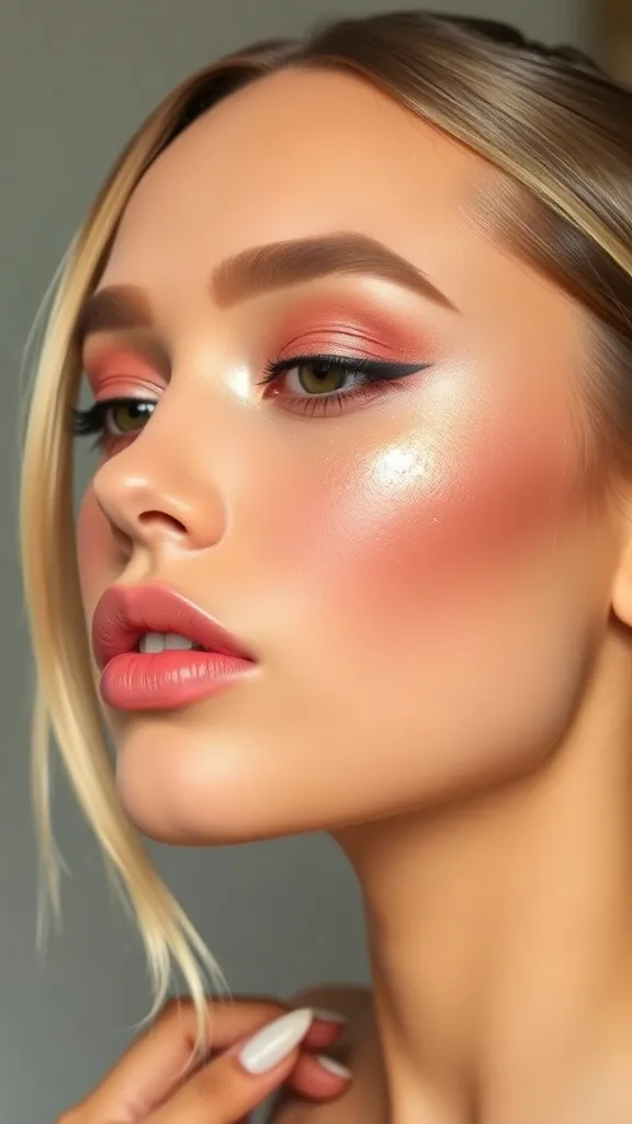 A close-up of a model showcasing blush and highlight makeup.