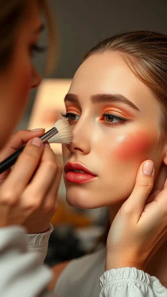 A makeup artist applying blush to a model's cheeks, showcasing a sunset-inspired makeup look.