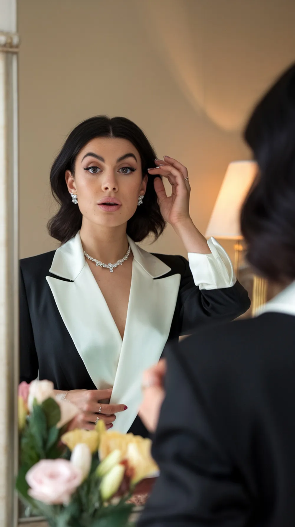 A woman adjusting her hair while looking in the mirror, wearing a stylish black and white outfit and elegant jewelry.