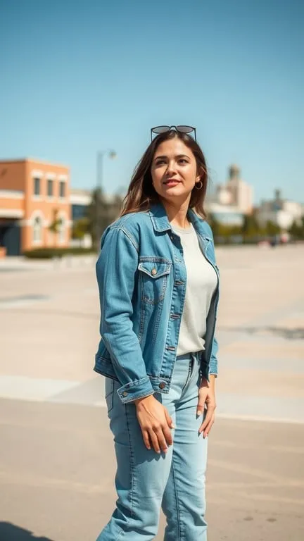 A woman wearing a denim jacket and jeans, walking outdoors.