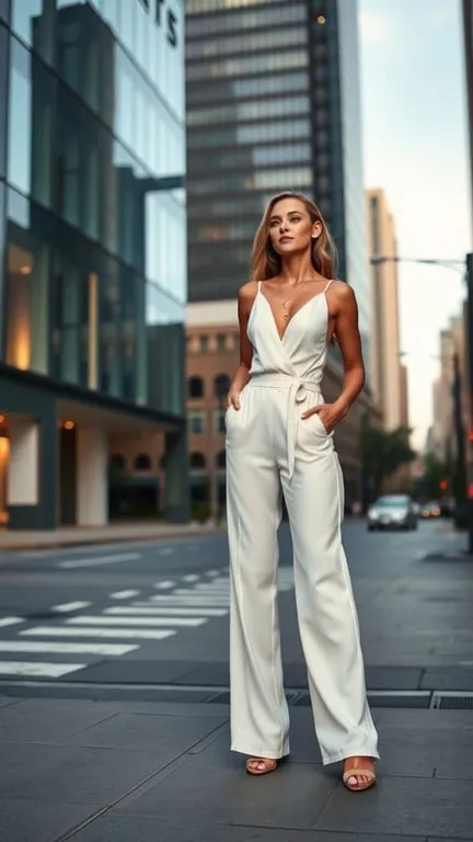 A woman in a chic white jumpsuit standing on a city street.