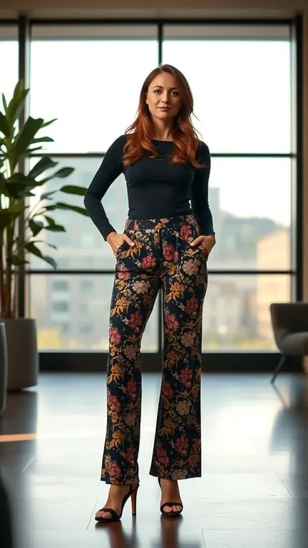 A woman wearing floral statement pants and a black top, standing confidently in a modern space.
