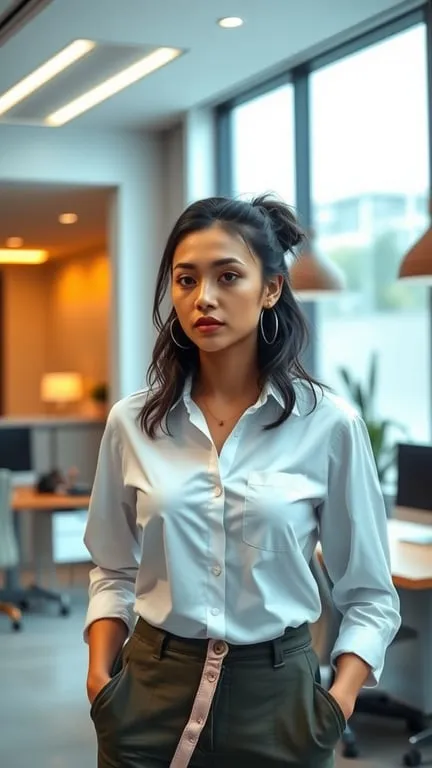 A woman wearing a classic white shirt with a modern twist, styled in a professional setting.