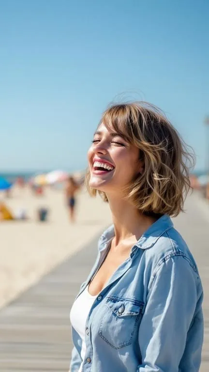 A woman with a textured lob cut smiling at the beach