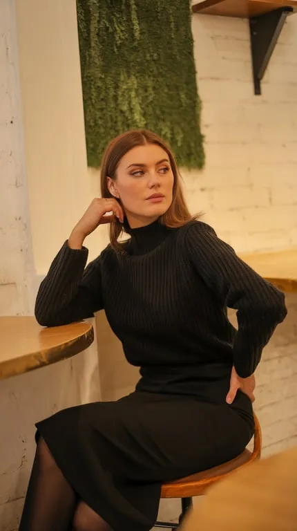A woman in a black sweater and skirt sitting at a table, looking thoughtful.