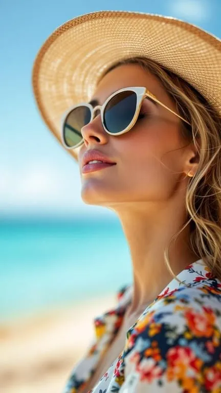 A woman wearing oversized sunglasses and a straw hat at the beach.
