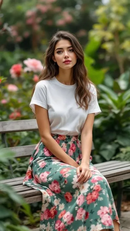A woman wearing a floral skirt and a simple white tee, sitting on a bench surrounded by greenery.