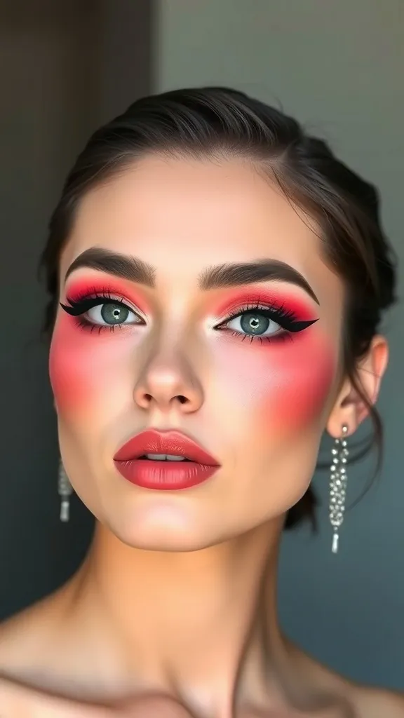 A close-up of a woman with bold blush makeup and graphic eyeliner, showcasing a vibrant and striking look.