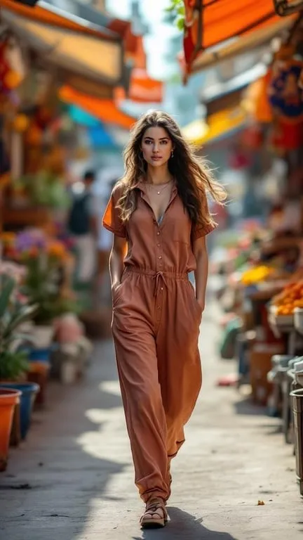 A woman in a brown jumpsuit walking through a colorful market.