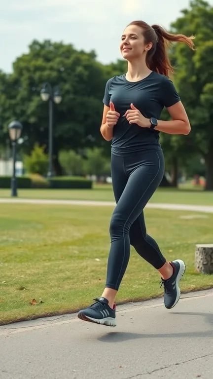 A woman jogging in a park wearing a black fitted tee and joggers with sneakers.