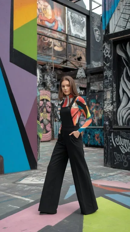 A model wearing trendy black overalls with a colorful top, standing in front of a vibrant graffiti wall.