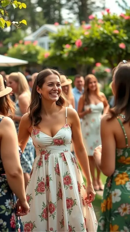 A woman in a floral sundress smiling at a garden party.