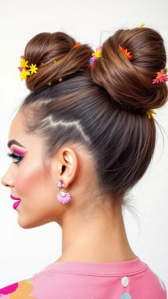 A young girl with double buns hairstyle, one adorned with a pink polka dot bow and the other with colorful beads, smiling against a pink background.
