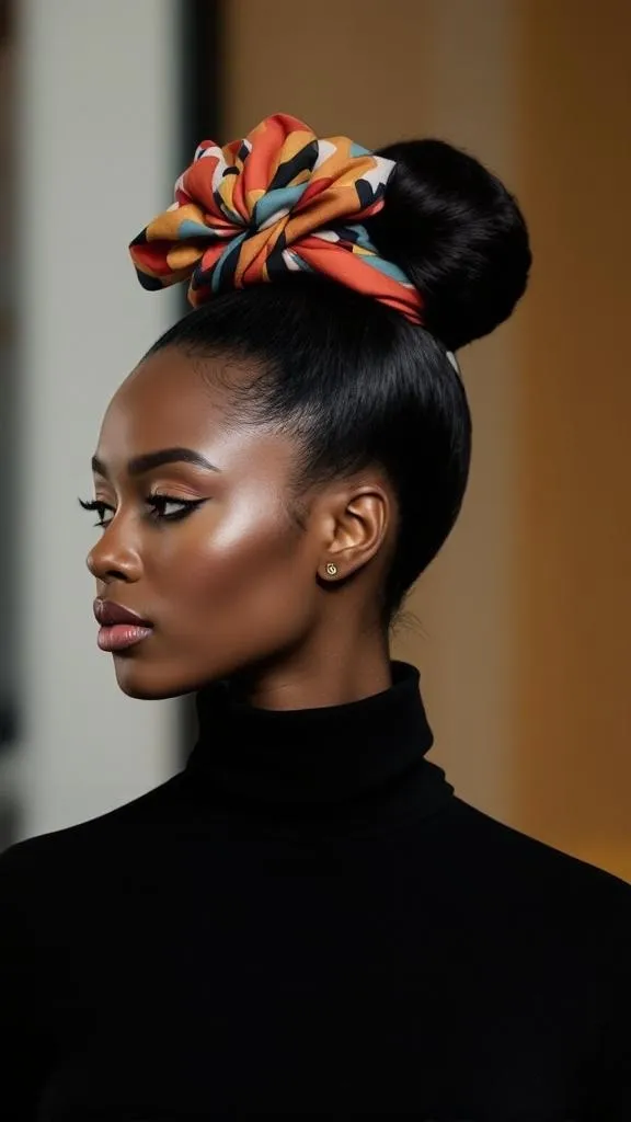 A woman with a sleek high bun and a colorful hair wrap, showcasing an elegant hairstyle.