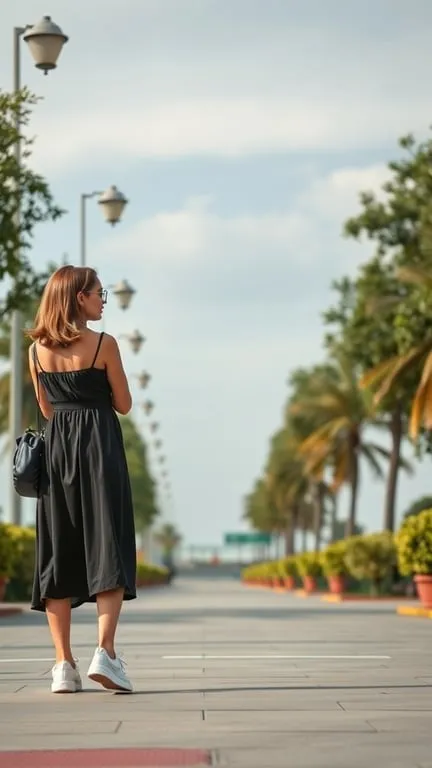 A woman wearing a casual black dress and white sneakers, walking down a sunny path lined with palm trees.