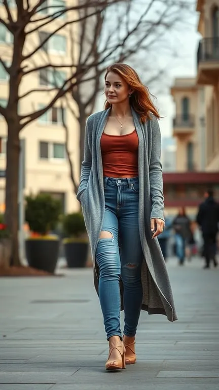 A woman walking in a long gray cardigan, a fitted top, and ripped jeans.