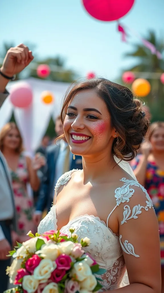 A bride with glittery makeup and a bouquet, celebrating at a festive wedding.