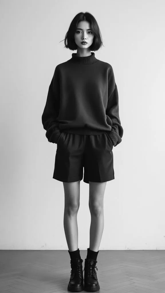 A model wearing a dark sweater and matching shorts, showcasing a monochrome fashion style.