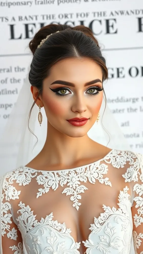 A bride showcasing artistic graphic eyeliner with a stunning makeup look.