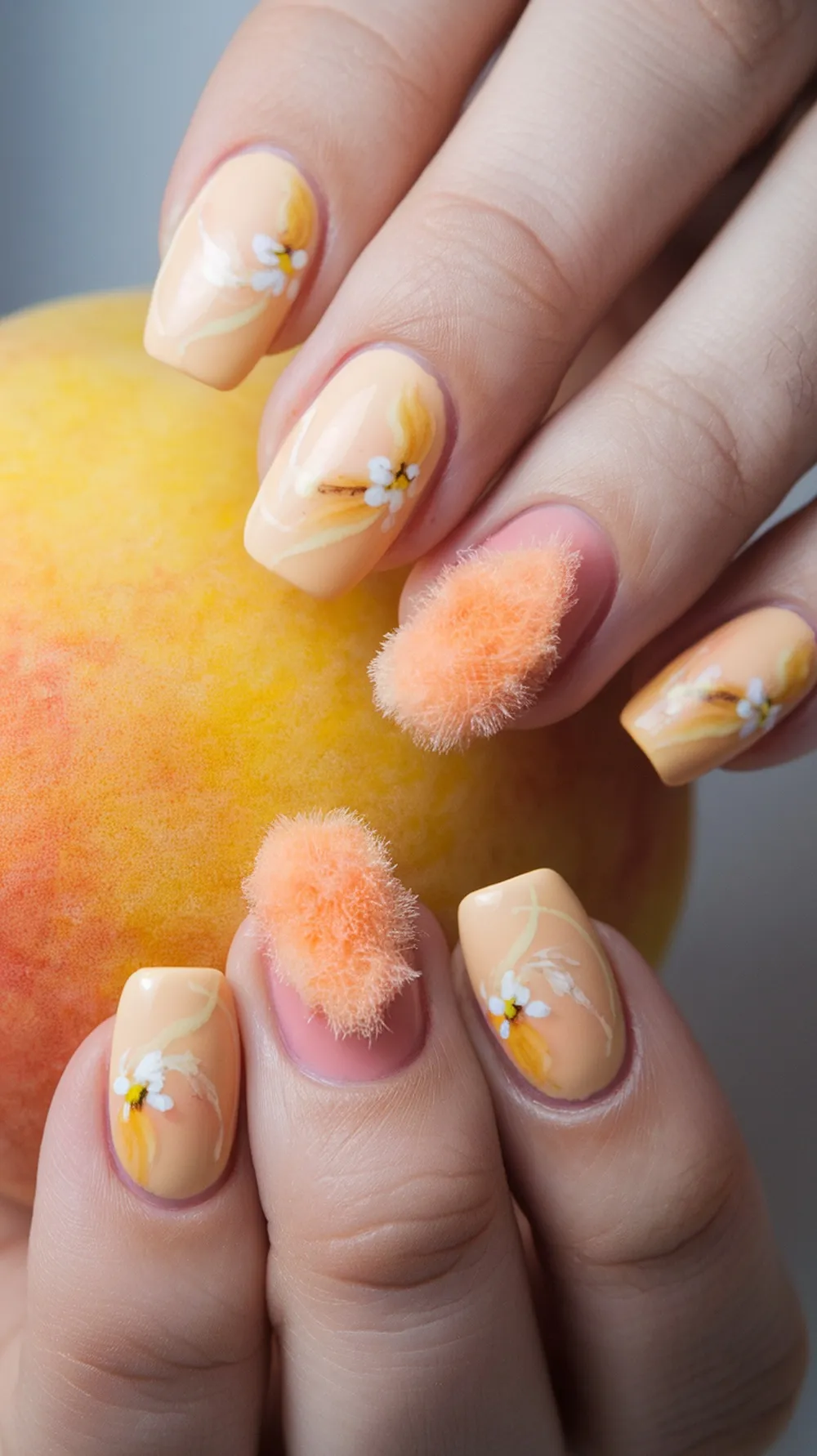 Nail art featuring peach color with floral designs and fluffy peach accents, set against a peach.