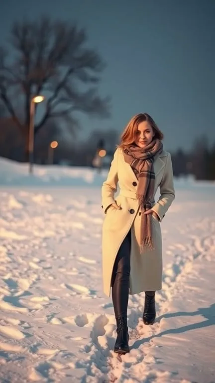 A woman walking in a snowy landscape wearing a stylish white coat and a scarf.