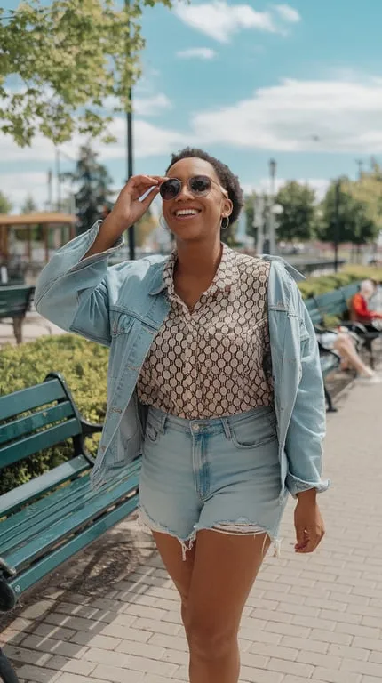 A woman wearing a patterned blouse and denim shorts, smiling while walking outdoors.