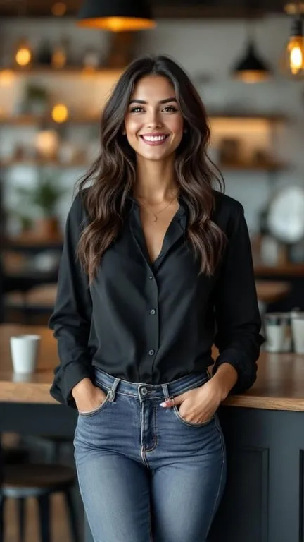 A woman smiling in a black blouse and jeans, standing confidently with her hands in her pockets.