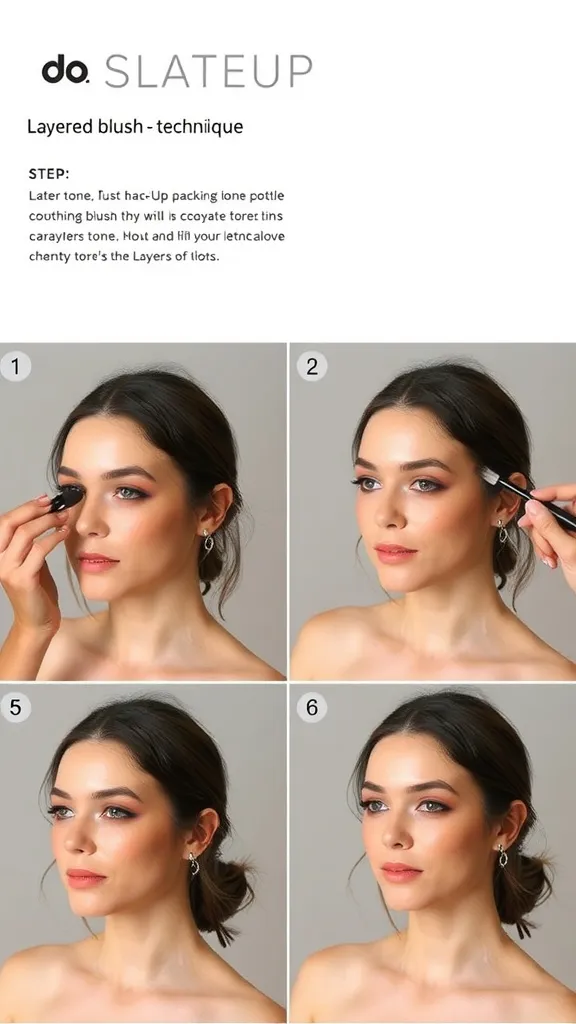 Step-by-step guide for the layered blush technique with a model demonstrating the process.