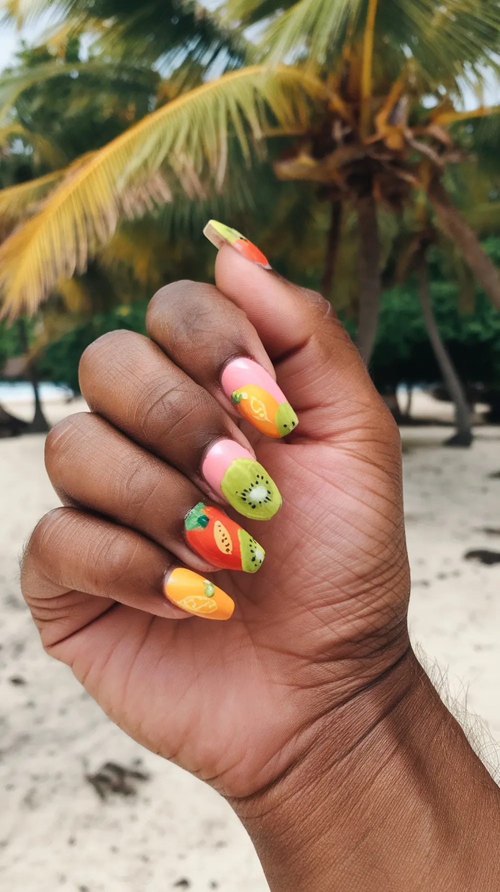 Colorful tropical fruit nail design with kiwi, lemon, and watermelon patterns