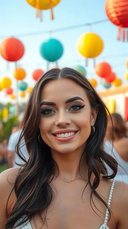 A woman with bold winged eyeliner smiling at a summer party, surrounded by colorful lanterns.