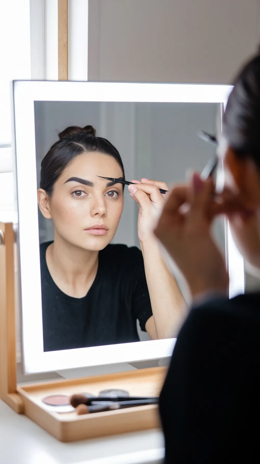 A woman shaping her eyebrows in front of a mirror, focusing on her beauty routine.