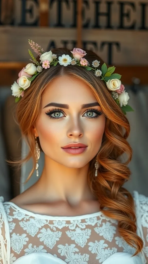 A bride with natural makeup and a floral crown, showcasing a bohemian style.