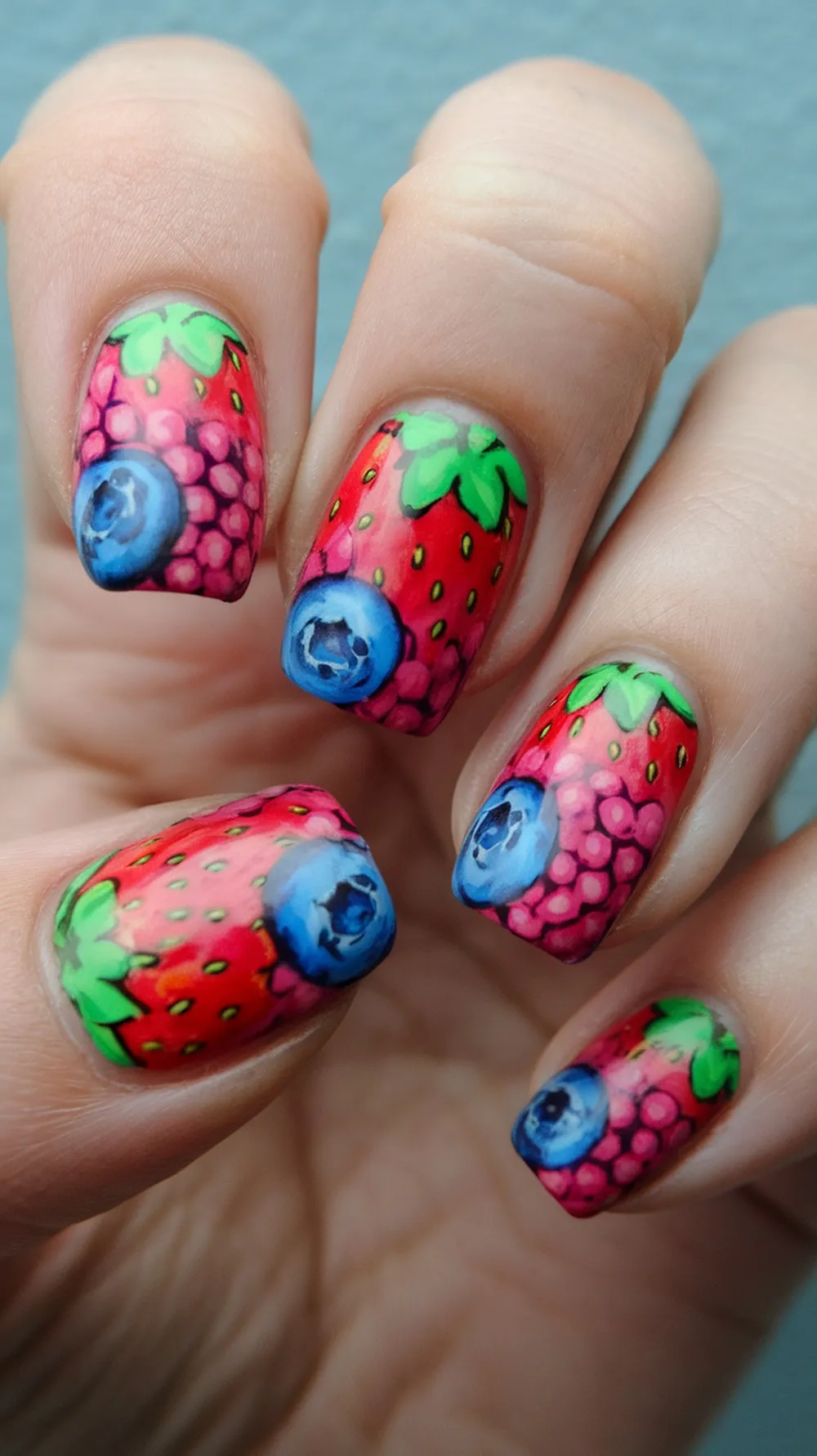 Nail art featuring strawberries and blueberries