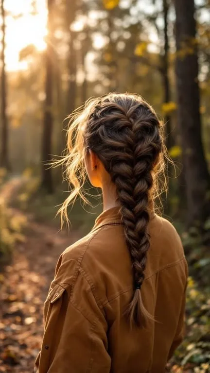 A woman with a fishtail braid standing in a forest during sunset.