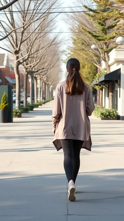 A woman walking down a tree-lined street wearing a relaxed fit tunic and leggings.