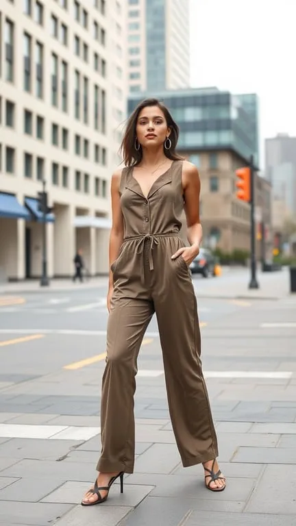 A woman wearing a trendy jumpsuit in a city setting.