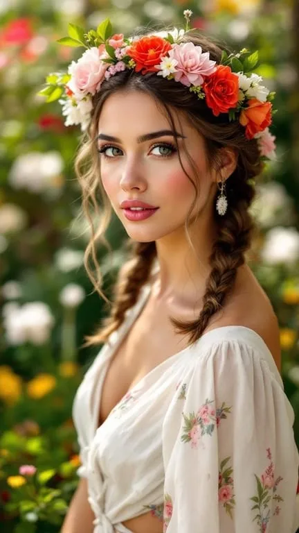 A woman with a braided crown hairstyle adorned with flowers, set against a colorful floral background.