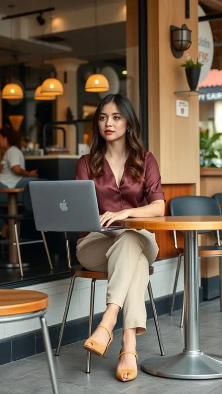 A woman sitting at a cafe wearing a maroon blouse and beige chinos, working on a laptop.