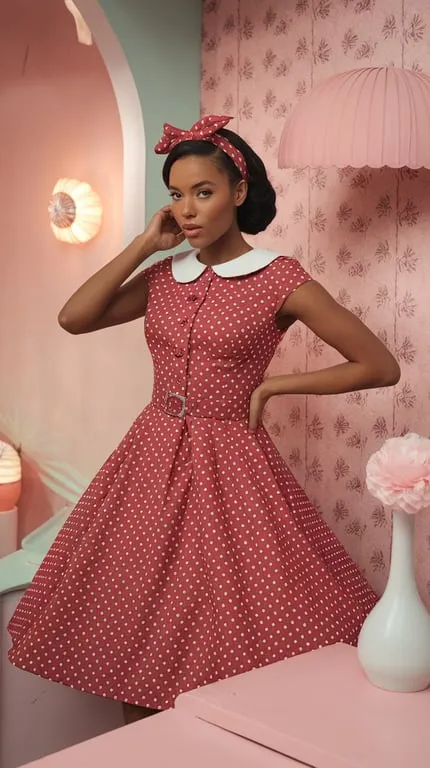 A woman in a vintage polka dot dress with a matching headband, posing in a pastel-colored room.