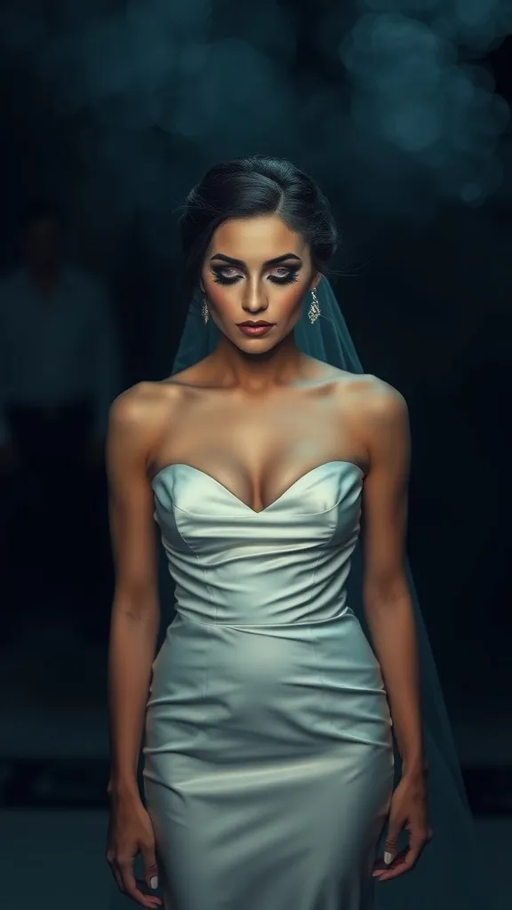 Bride with dramatic smokey eye makeup, wearing a sleek wedding dress and veil.