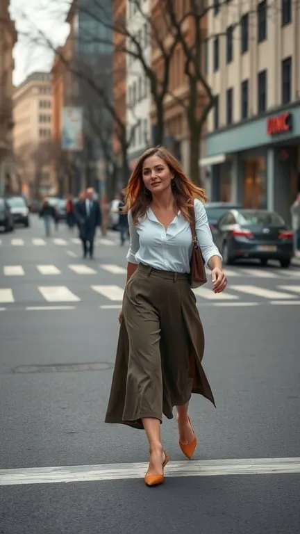 A woman walking in the city wearing a light blue blouse and olive green culottes.