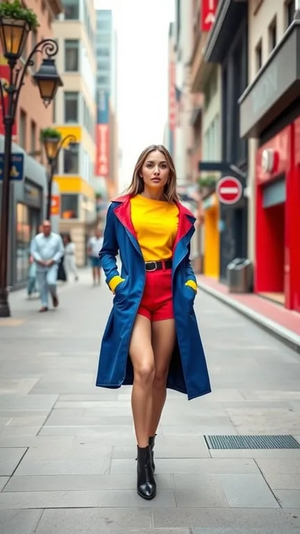 A woman wearing a bold color block outfit with a yellow top, red shorts, and a blue coat, walking confidently in a city street.