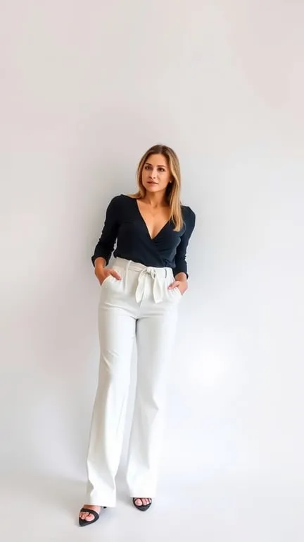 A woman in stylish white pants and a black top, showcasing a sophisticated look.