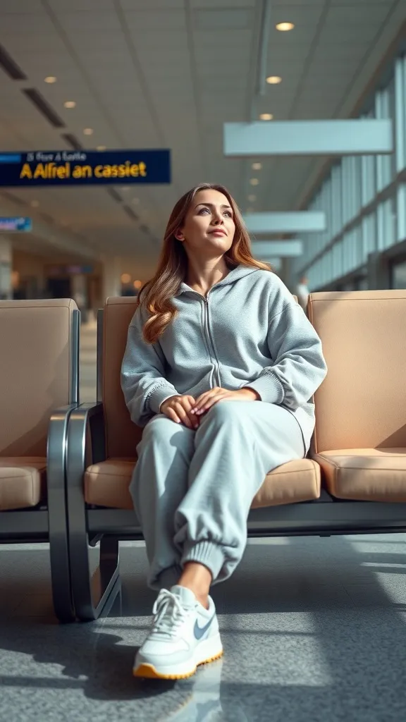 A woman in a gray loungewear set sitting at an airport, looking relaxed and stylish.